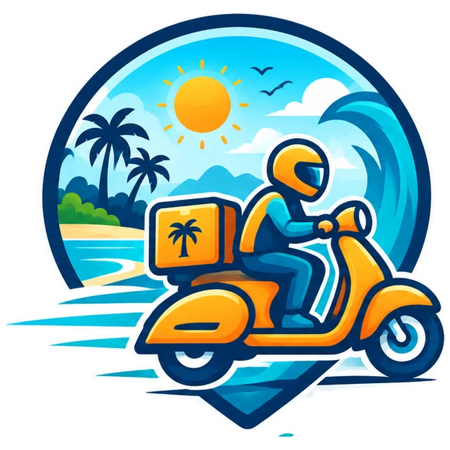 A Zippy Island rider on a mango scooter, with the beach and palms behind